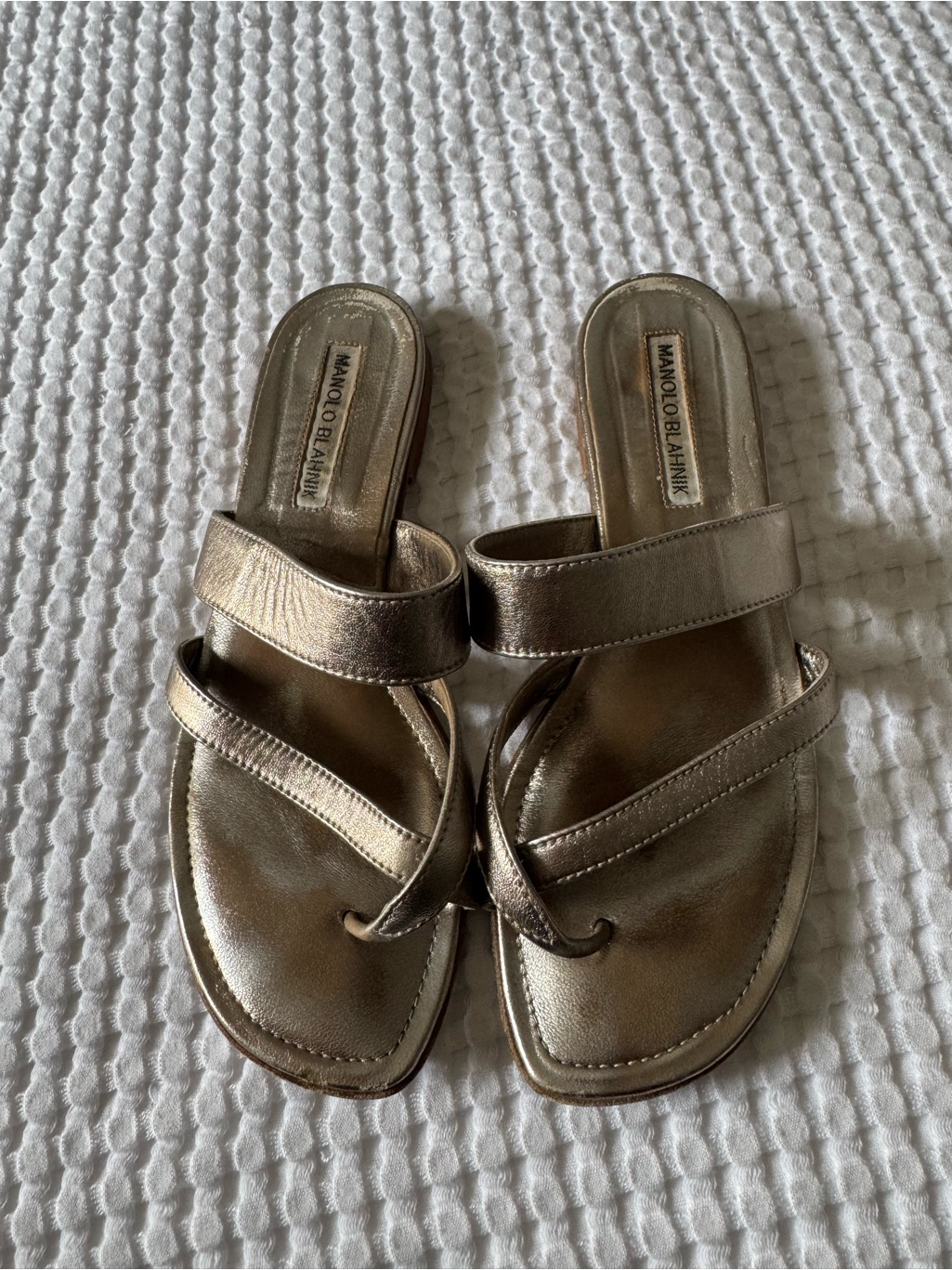 Manolo Blahnik Metallic Gold Slide Sandals With Cross Straps